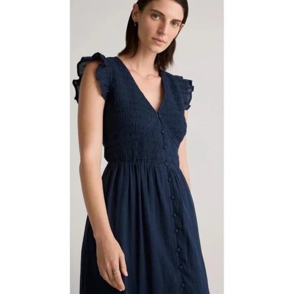 Quince Dress Organic Textured Cotton Smocked V-Neck Midi Blue Womens L - Picture 2 of 12